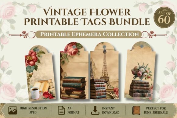 Download Vintage Flower Printable Tags Bundle - Vintage Collection