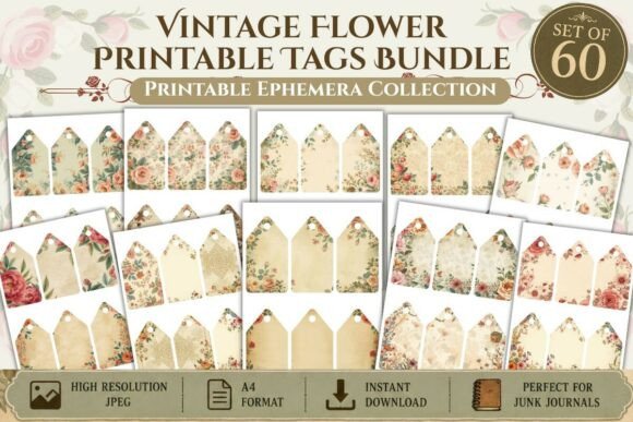 Download Vintage Flower Printable Tags Bundle - Vintage Collection