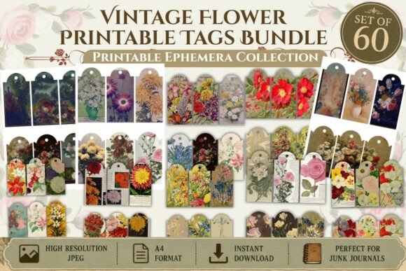 Download Vintage Flower Printable Tags Bundle - Vintage Collection